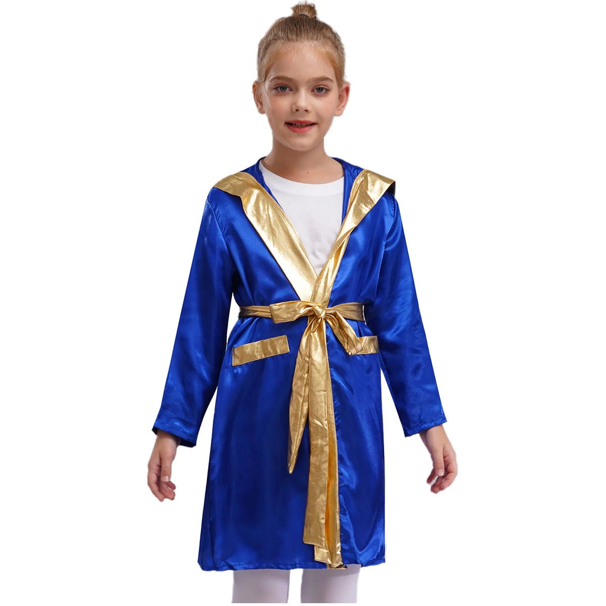 Kids Boxing Training Robe Halloween Carnival Party Boxer Cosplay Costume Long Sleeve Satin Belted Hooded Cloak Shorts Gloves
