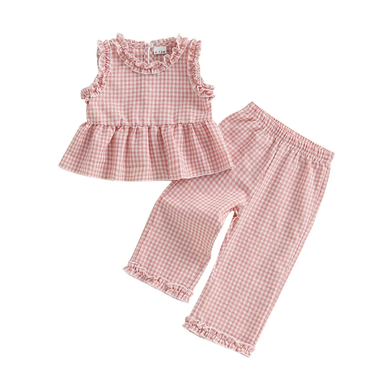 Toddler Infant Baby Girl Summer Fall Outfit Plaid Gingham Ruffle Sleeveless Tank Tops Long Pants Set 2Pcs Clothes