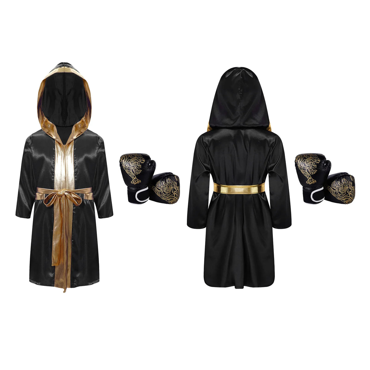 Kids Boxing Training Robe Halloween Carnival Party Boxer Cosplay Costume Long Sleeve Satin Belted Hooded Cloak Shorts Gloves