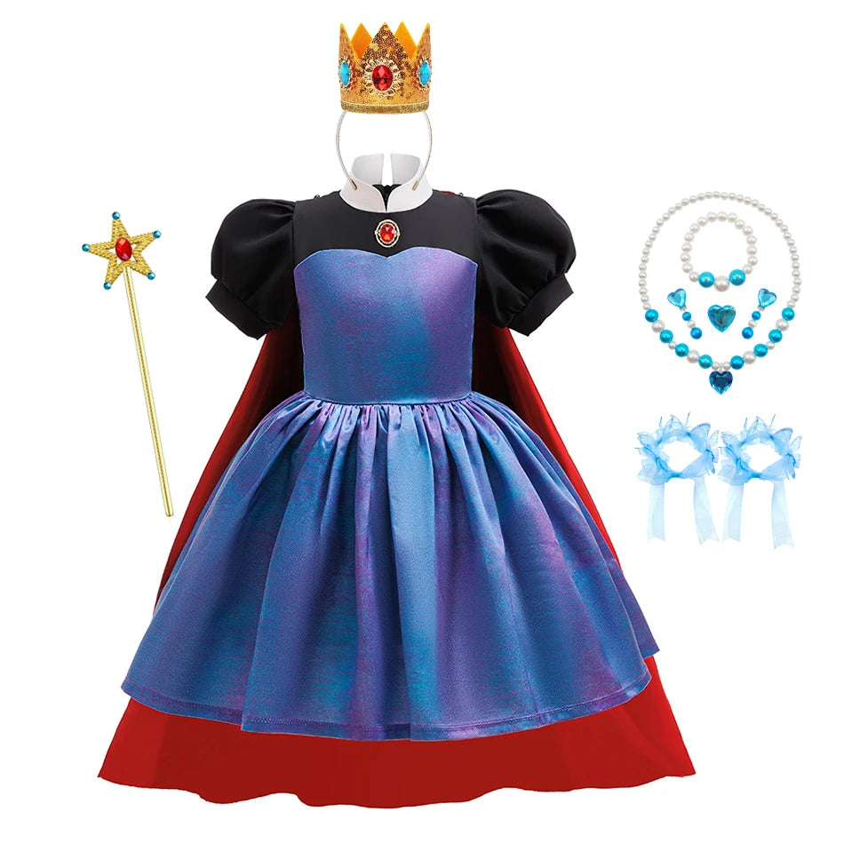 Evil Queen Girls Costume with Detachable Cape Dark Queen Role Play Outfit Kids Villain Cosplay Dress for Halloween