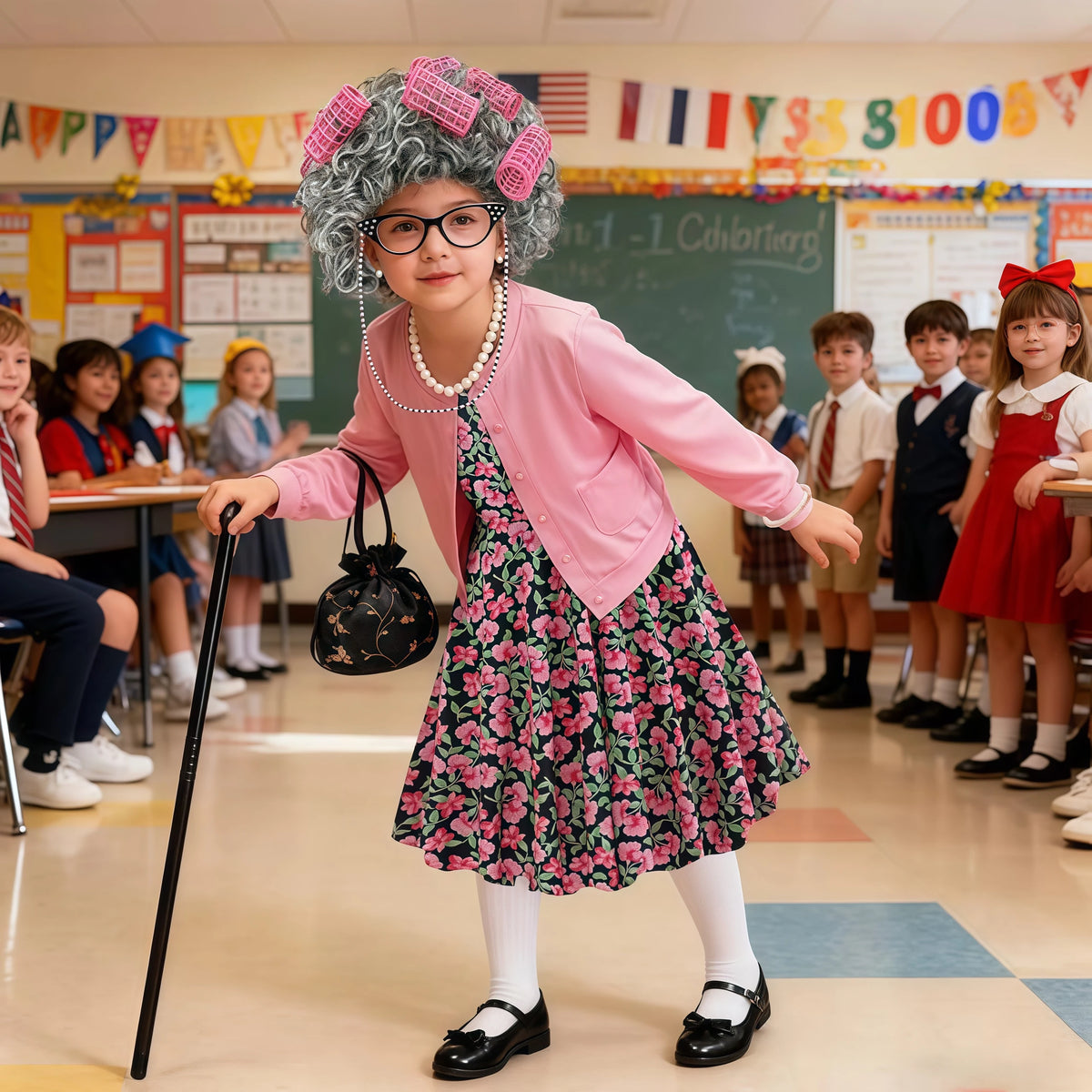 100 Days Of School Kids 100 Day Old Lady Costume Sets Girls Granny Dress Up For Halloween Carnival 100 Years Grandma Role-play
