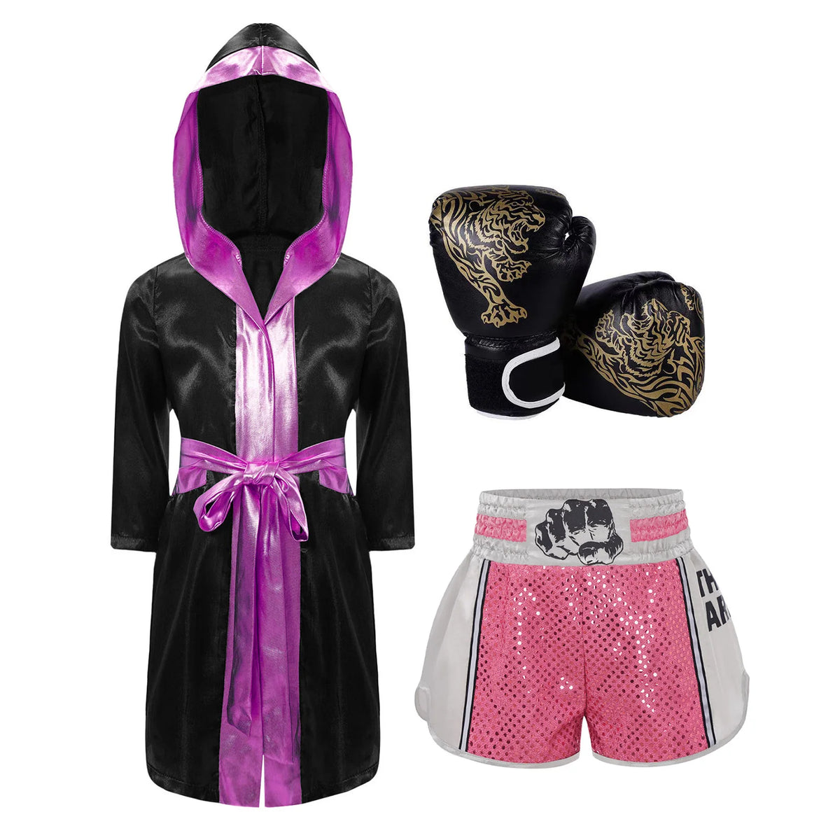Kids Boxing Training Robe Halloween Carnival Party Boxer Cosplay Costume Long Sleeve Satin Belted Hooded Cloak Shorts Gloves