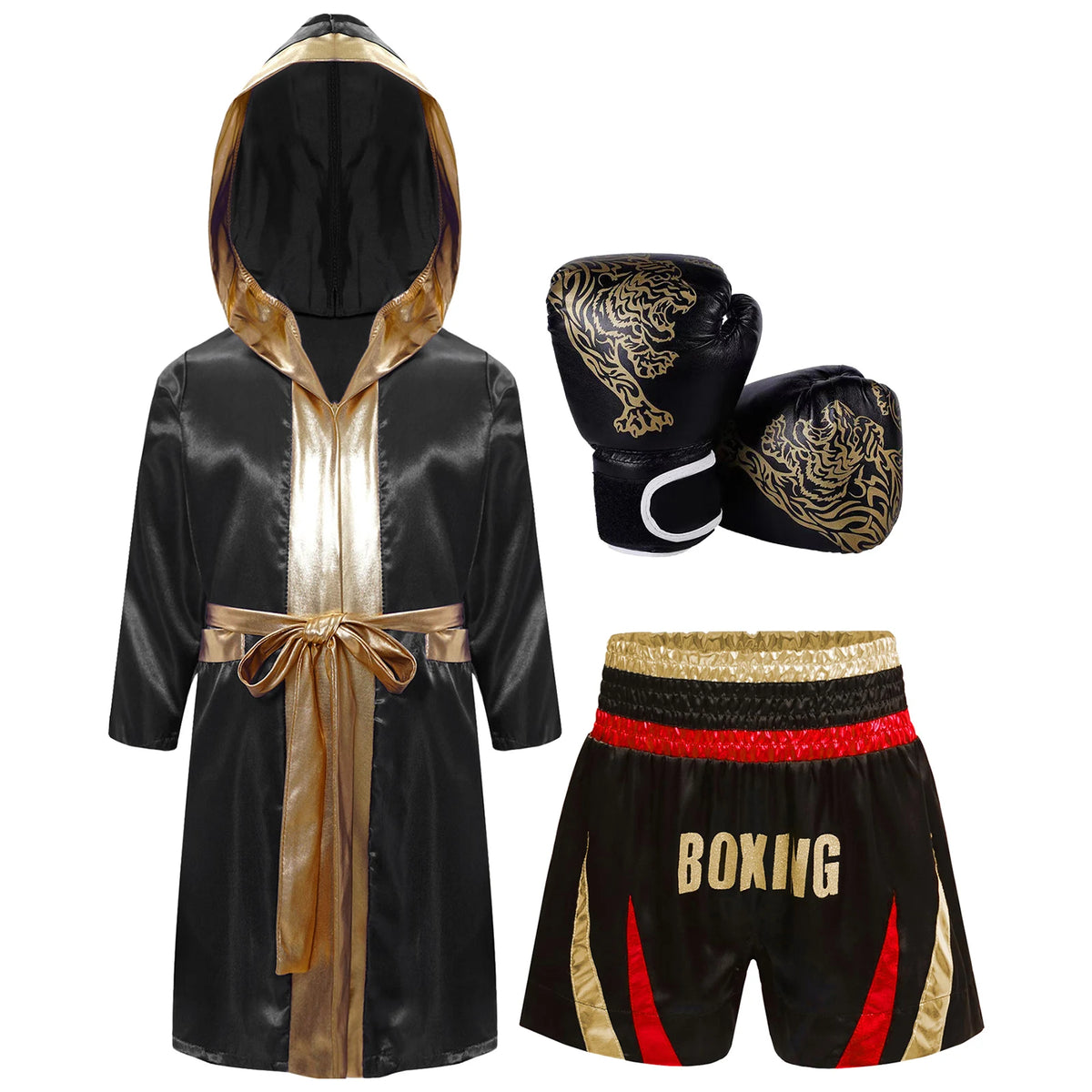 Kids Boxing Training Robe Halloween Carnival Party Boxer Cosplay Costume Long Sleeve Satin Belted Hooded Cloak Shorts Gloves