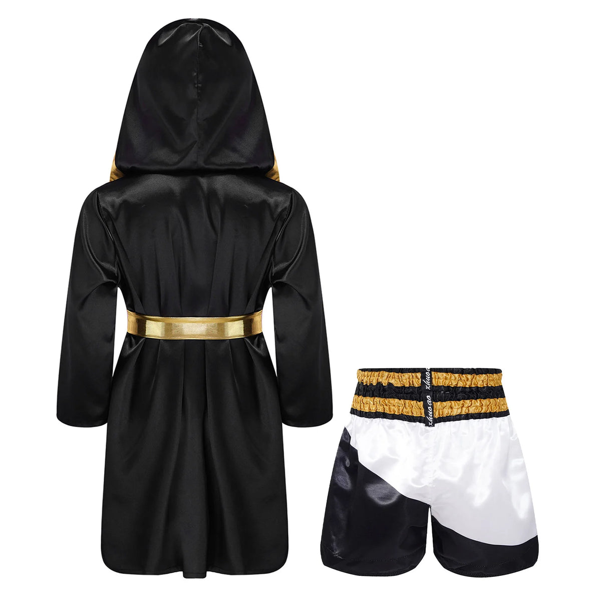 Kids Boxing Training Robe Halloween Carnival Party Boxer Cosplay Costume Long Sleeve Satin Belted Hooded Cloak Shorts Gloves