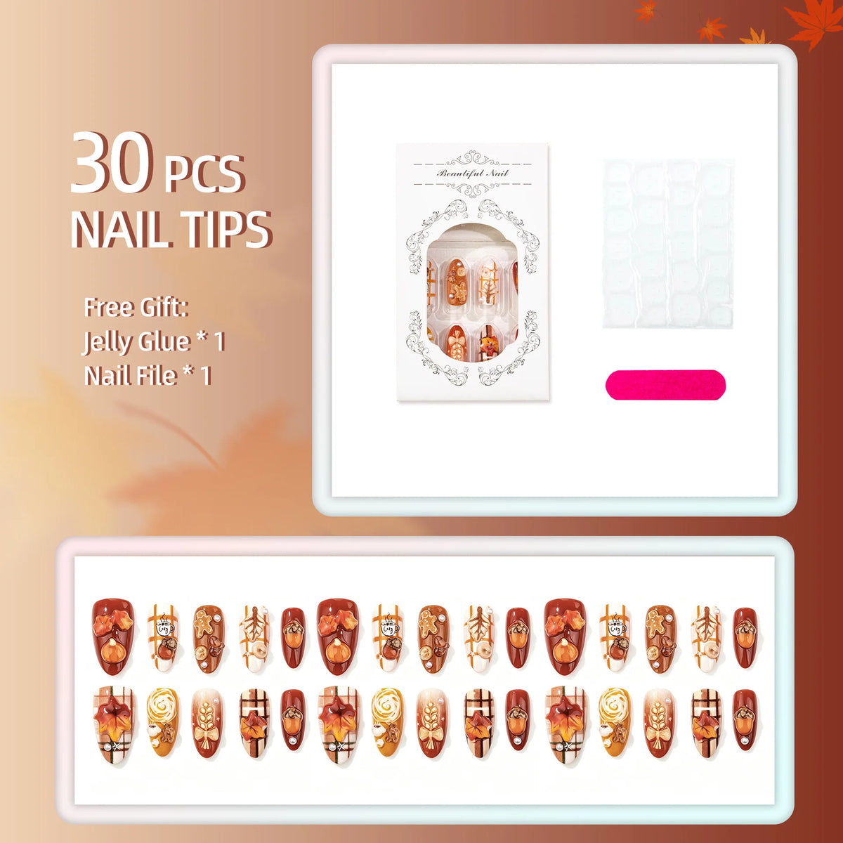 30pcs Autumn Press On Nails 3D Maple Leaf Pumpkin Acorn Fake Nail Long Almond Pumpkin Acorn False Nail for Women&Girl