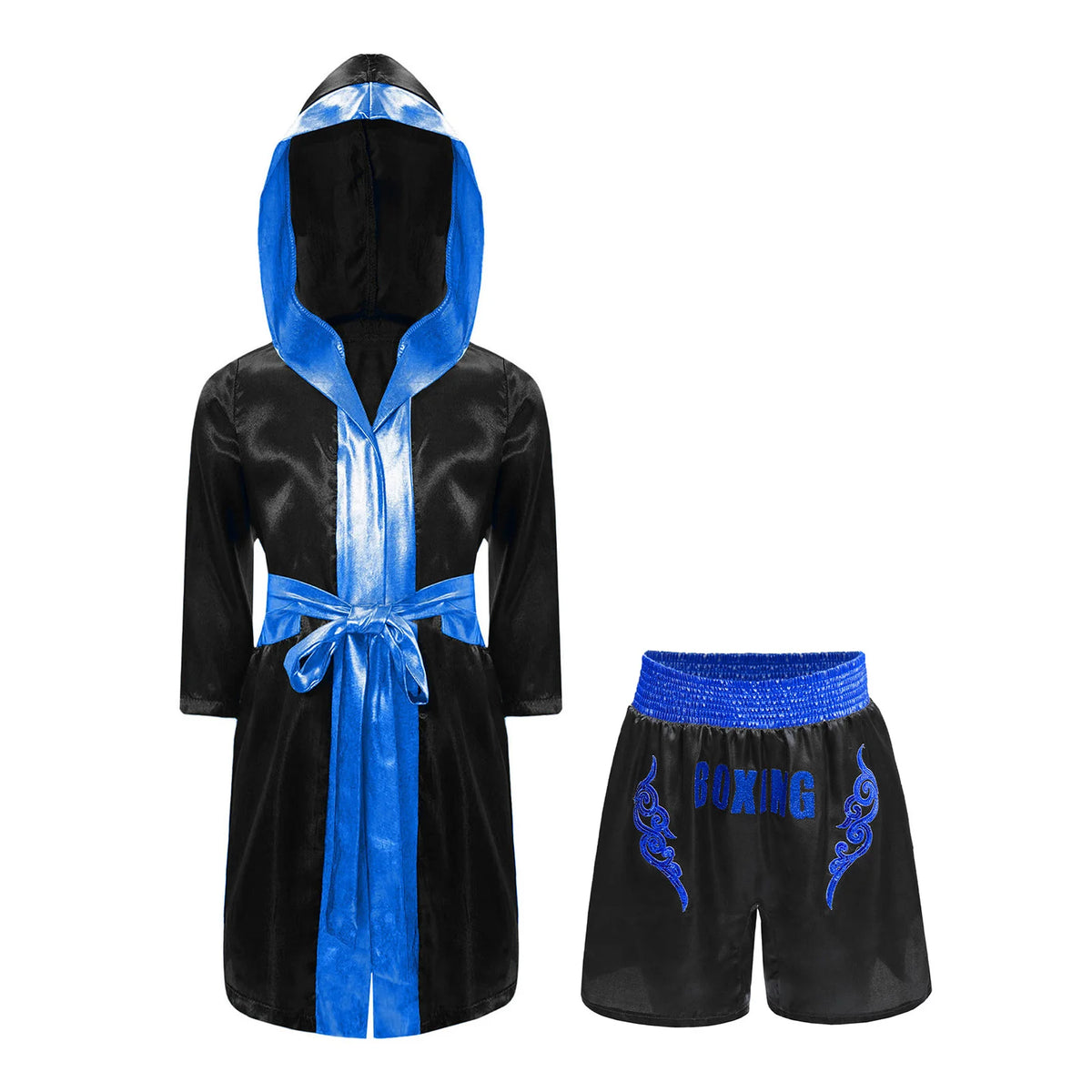 Kids Boxing Training Robe Halloween Carnival Party Boxer Cosplay Costume Long Sleeve Satin Belted Hooded Cloak Shorts Gloves