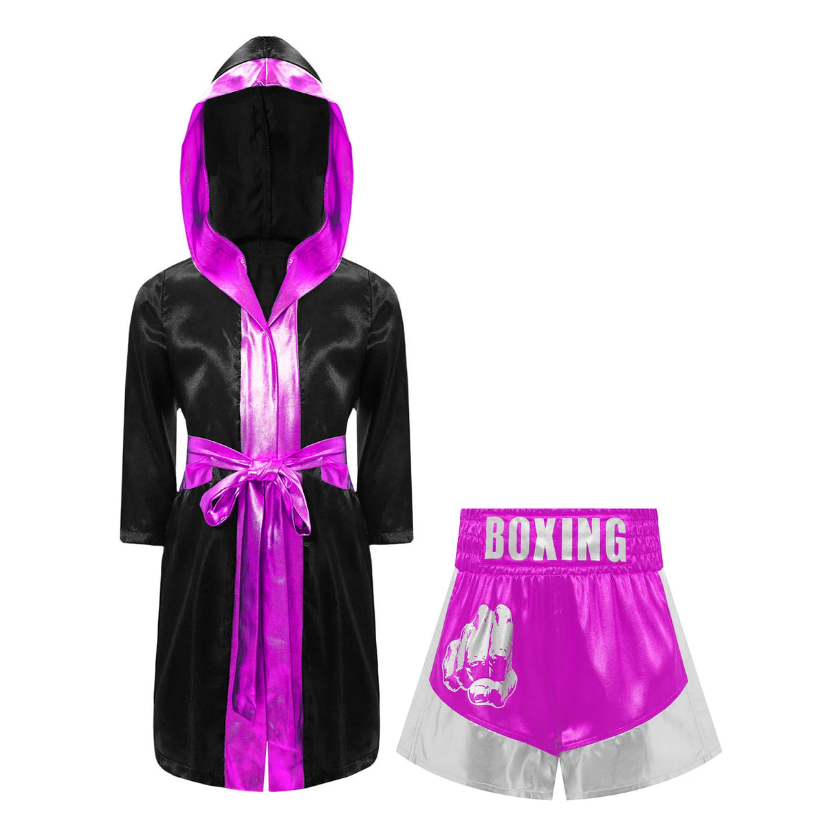 Kids Boxing Training Robe Halloween Carnival Party Boxer Cosplay Costume Long Sleeve Satin Belted Hooded Cloak Shorts Gloves