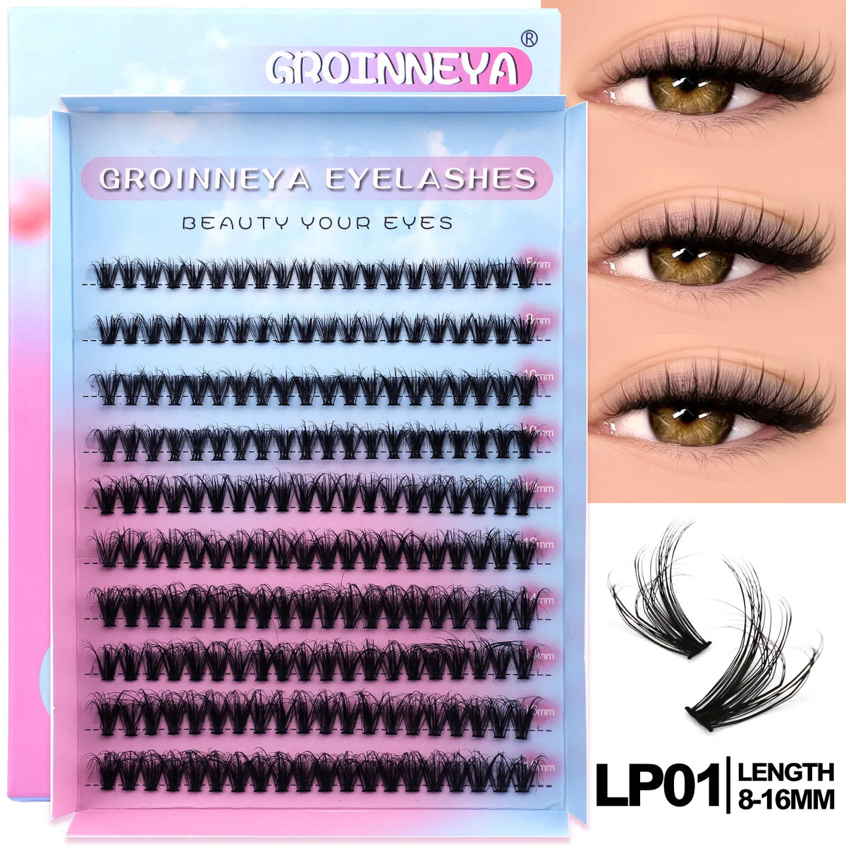 GROINNEYA DIY Eyelashes Cluster Lashes Lash Extension Natural Soft 100% Handmade Mink Lashes Reusable Makeup