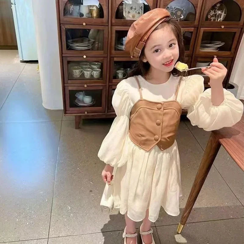 Spring Autumn Baby Suits Girl Vest + Long Sleeve Dresses 2piece Kids Cute Princess Dress Children Chiffon Vestido 2 To10T