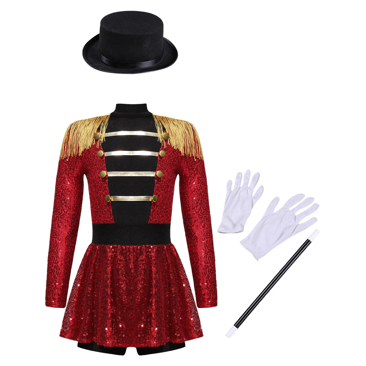 Kids Girls Halloween Circus Ringmaster Magician Costume Carnival Party Lion Tamer Cosplay Long Sleeve Sequins Leotard Dress Tutu