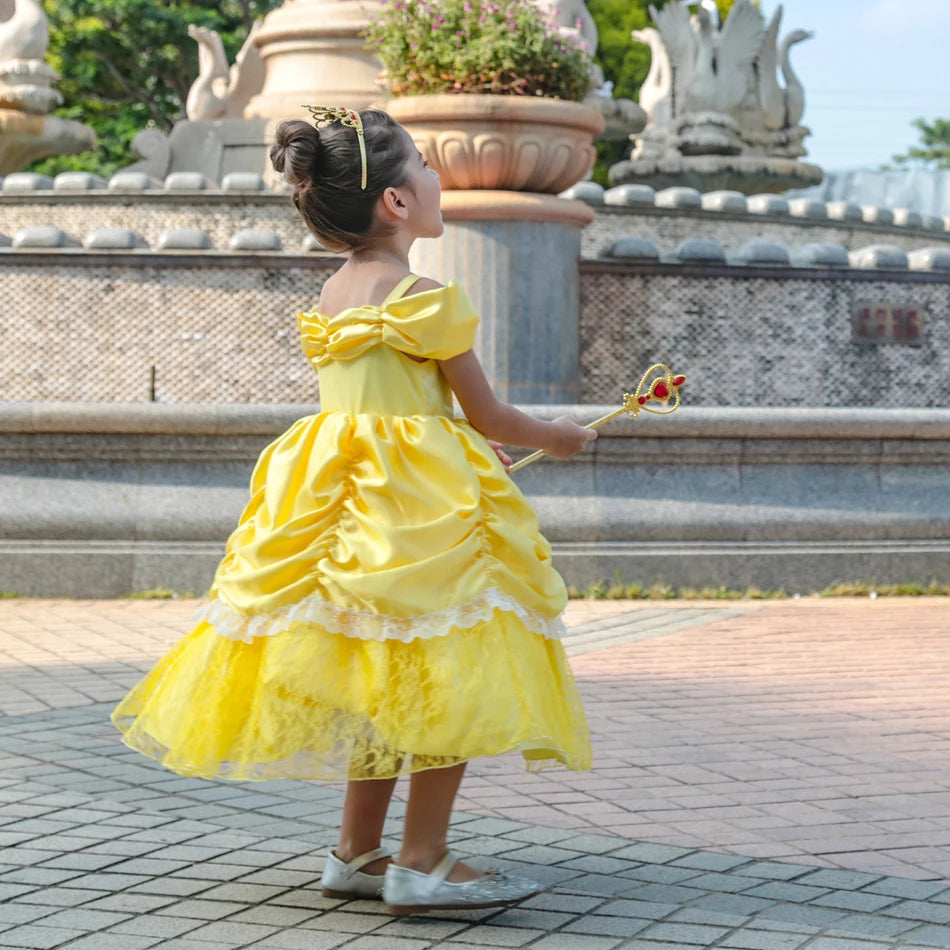 Girls Belle Princess Dress Yellow Party Dress Puff Sleeve Ruched Bodice Lace Hem Princess Gown for Kids Halloween Cosplay Party