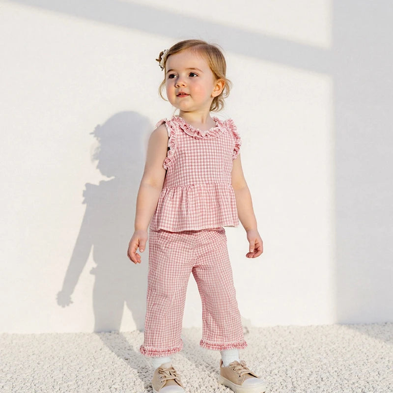 Toddler Infant Baby Girl Summer Fall Outfit Plaid Gingham Ruffle Sleeveless Tank Tops Long Pants Set 2Pcs Clothes