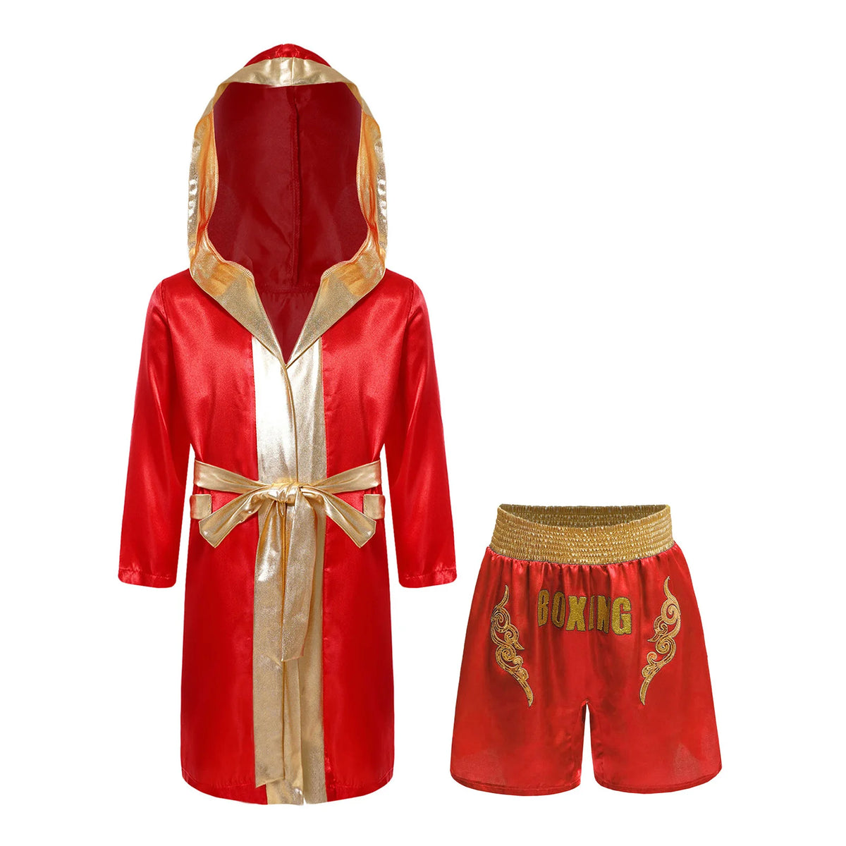 Kids Boxing Training Robe Halloween Carnival Party Boxer Cosplay Costume Long Sleeve Satin Belted Hooded Cloak Shorts Gloves