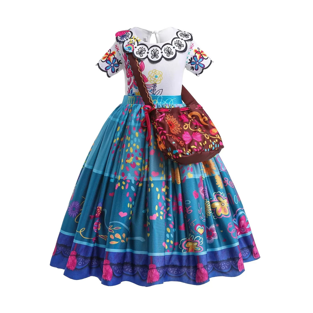 Girls Floral Print Cosplay Dress With Bag Kids Halloween Carnival Party Costume Children Birthday Evening Fancy Dress For Girls