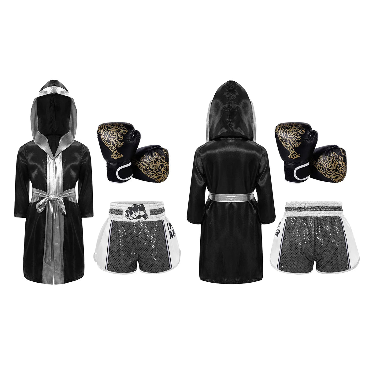 Kids Boxing Training Robe Halloween Carnival Party Boxer Cosplay Costume Long Sleeve Satin Belted Hooded Cloak Shorts Gloves
