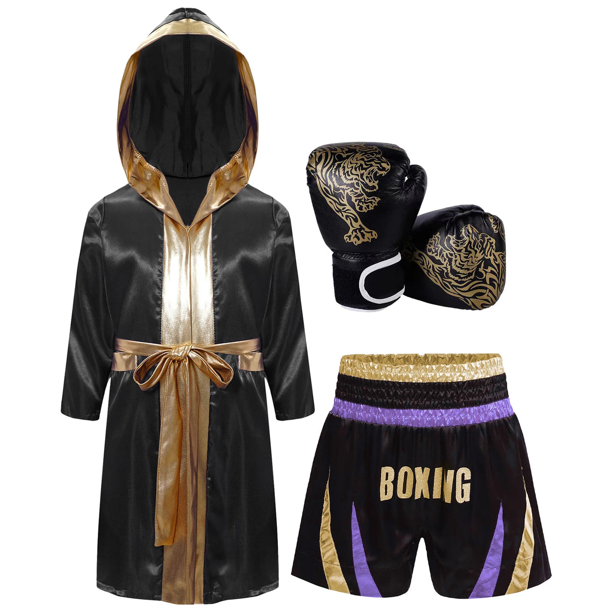 Kids Boxing Training Robe Halloween Carnival Party Boxer Cosplay Costume Long Sleeve Satin Belted Hooded Cloak Shorts Gloves