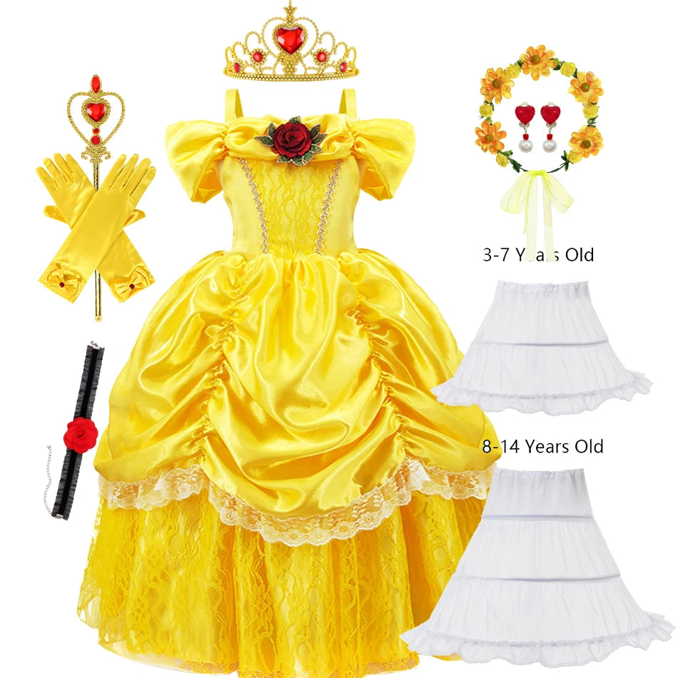 Girls Belle Princess Dress Yellow Party Dress Puff Sleeve Ruched Bodice Lace Hem Princess Gown for Kids Halloween Cosplay Party