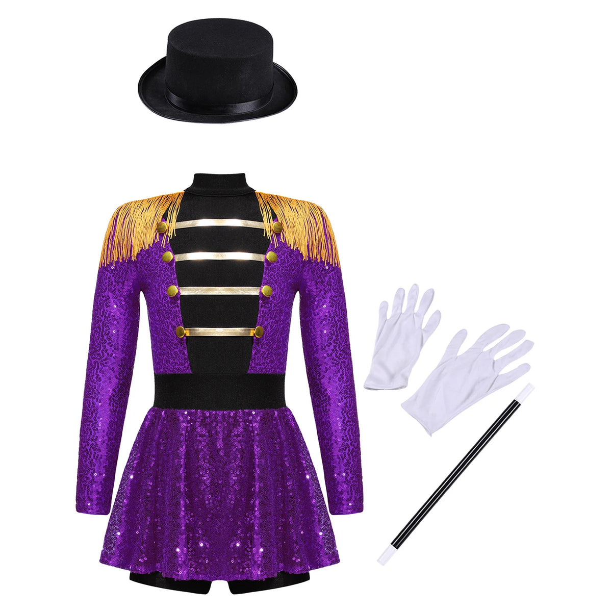 Kids Girls Halloween Circus Ringmaster Magician Costume Carnival Party Lion Tamer Cosplay Long Sleeve Sequins Leotard Dress Tutu