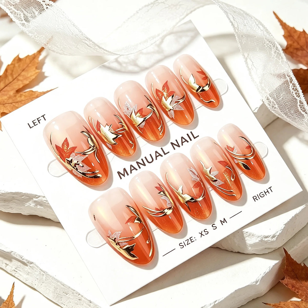 30pcs Autumn Press On Nails 3D Maple Leaf Pumpkin Acorn Fake Nail Long Almond Pumpkin Acorn False Nail for Women&Girl