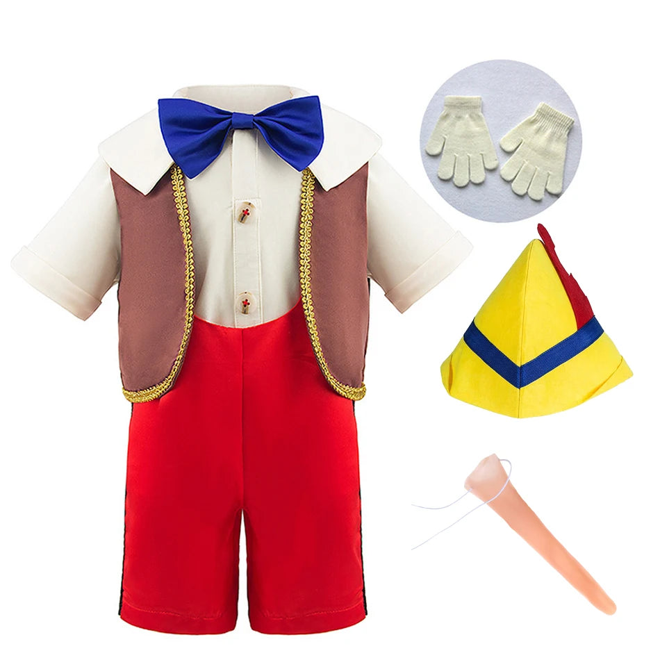 Pinocchio Costume for Boy Girl Classic Fairy Tale Cosplay Set with Hat Long Nose Gloves Fairy Tale Party Outfit for Halloween