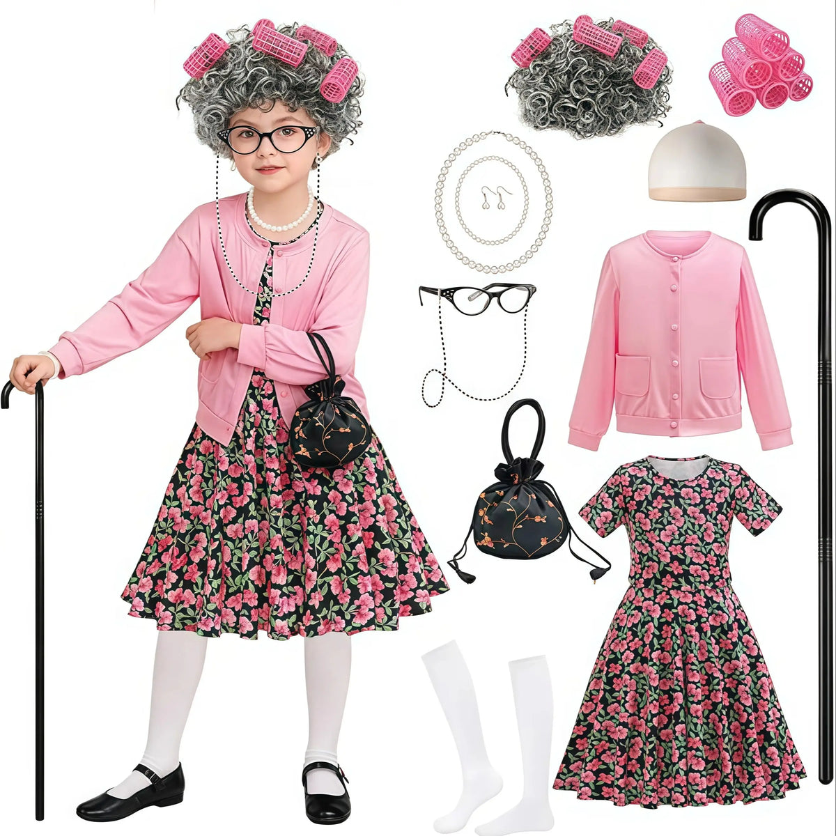 100 Days Of School Kids 100 Day Old Lady Costume Sets Girls Granny Dress Up For Halloween Carnival 100 Years Grandma Role-play