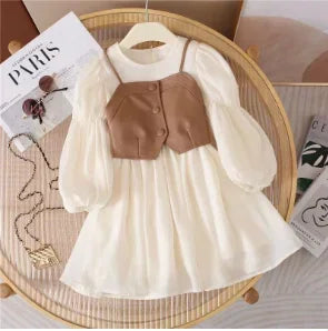 Spring Autumn Baby Suits Girl Vest + Long Sleeve Dresses 2piece Kids Cute Princess Dress Children Chiffon Vestido 2 To10T