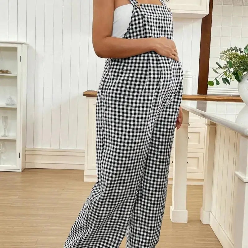 Maternity Overalls Plaids Pattern Lightweight Elastic Comfortable for Pregnancy Women All Season Wear Polyester Fabric A2UB