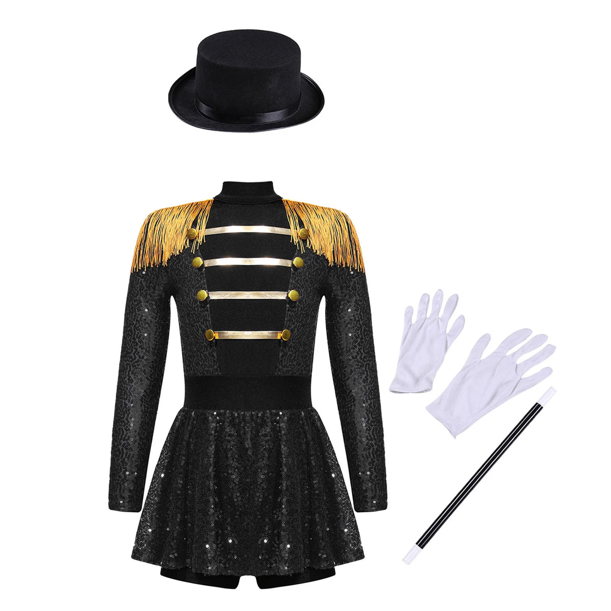 Kids Girls Halloween Circus Ringmaster Magician Costume Carnival Party Lion Tamer Cosplay Long Sleeve Sequins Leotard Dress Tutu