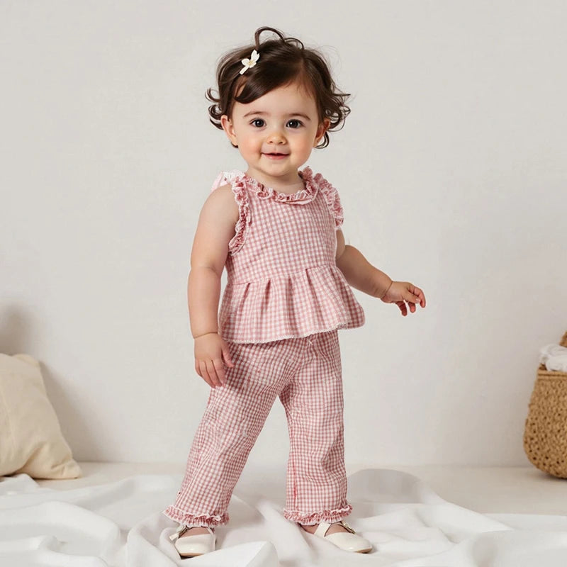 Toddler Infant Baby Girl Summer Fall Outfit Plaid Gingham Ruffle Sleeveless Tank Tops Long Pants Set 2Pcs Clothes