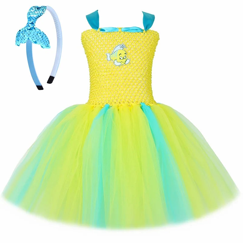 Flounder Costume Toddler Kids Little Mermaid Yellow Tropical Fish Tutu Dress Girls Halloween Carnival Birthday Party Dress Up