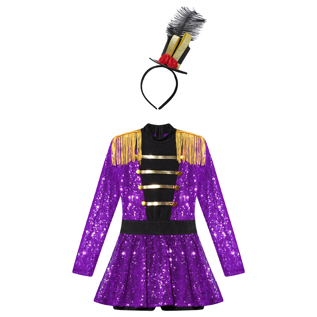 Kids Girls Halloween Circus Ringmaster Magician Costume Carnival Party Lion Tamer Cosplay Long Sleeve Sequins Leotard Dress Tutu