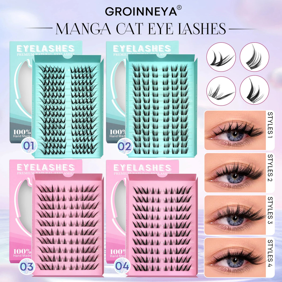 GROINNEYA Cat Eye Lashes DIY Lash Clusters Extension Manga Cluster Eyelashes Soft Cross Mixed Tray Natural False Lashes Makeup