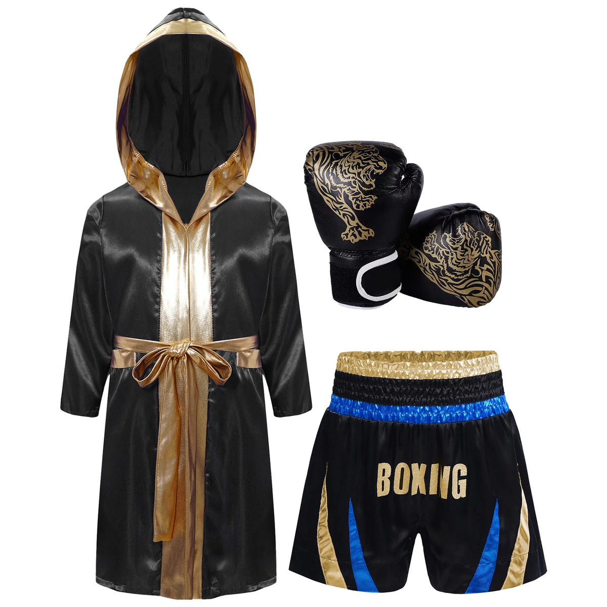 Kids Boxing Training Robe Halloween Carnival Party Boxer Cosplay Costume Long Sleeve Satin Belted Hooded Cloak Shorts Gloves