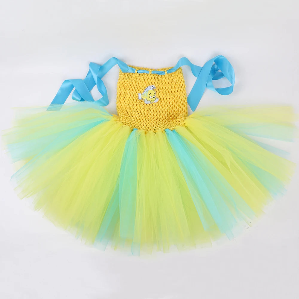 Flounder Costume Toddler Kids Little Mermaid Yellow Tropical Fish Tutu Dress Girls Halloween Carnival Birthday Party Dress Up