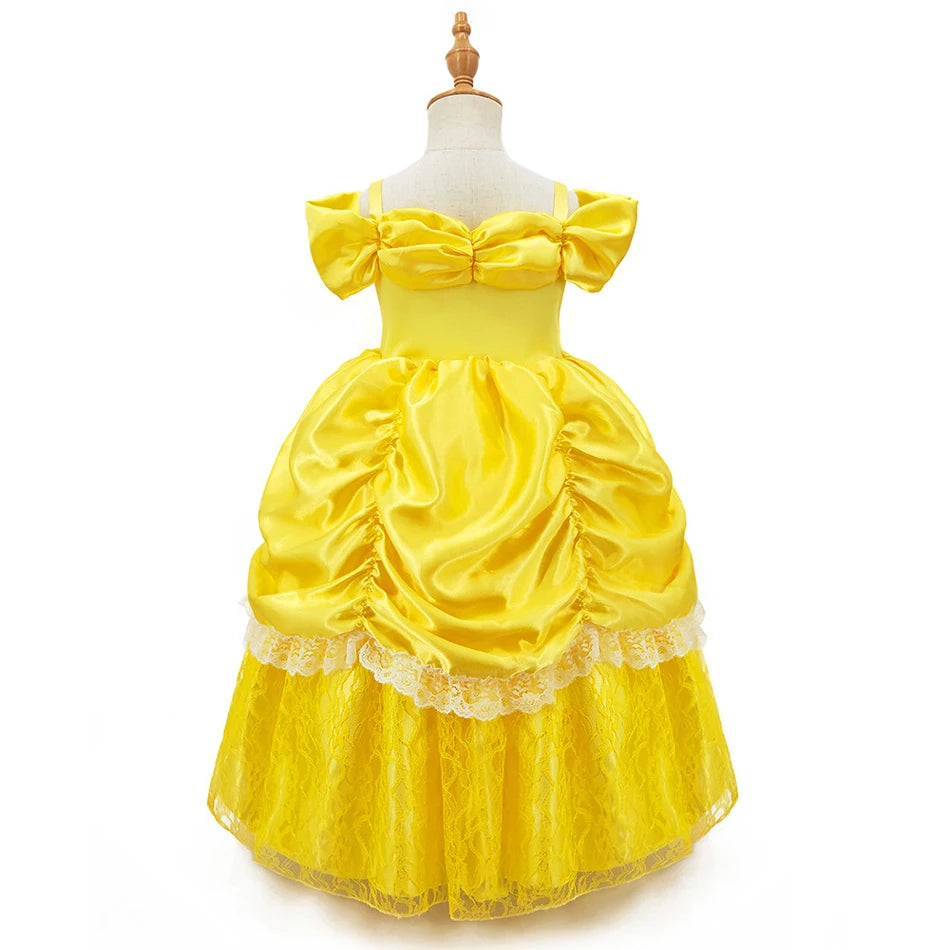 Girls Belle Princess Dress Yellow Party Dress Puff Sleeve Ruched Bodice Lace Hem Princess Gown for Kids Halloween Cosplay Party