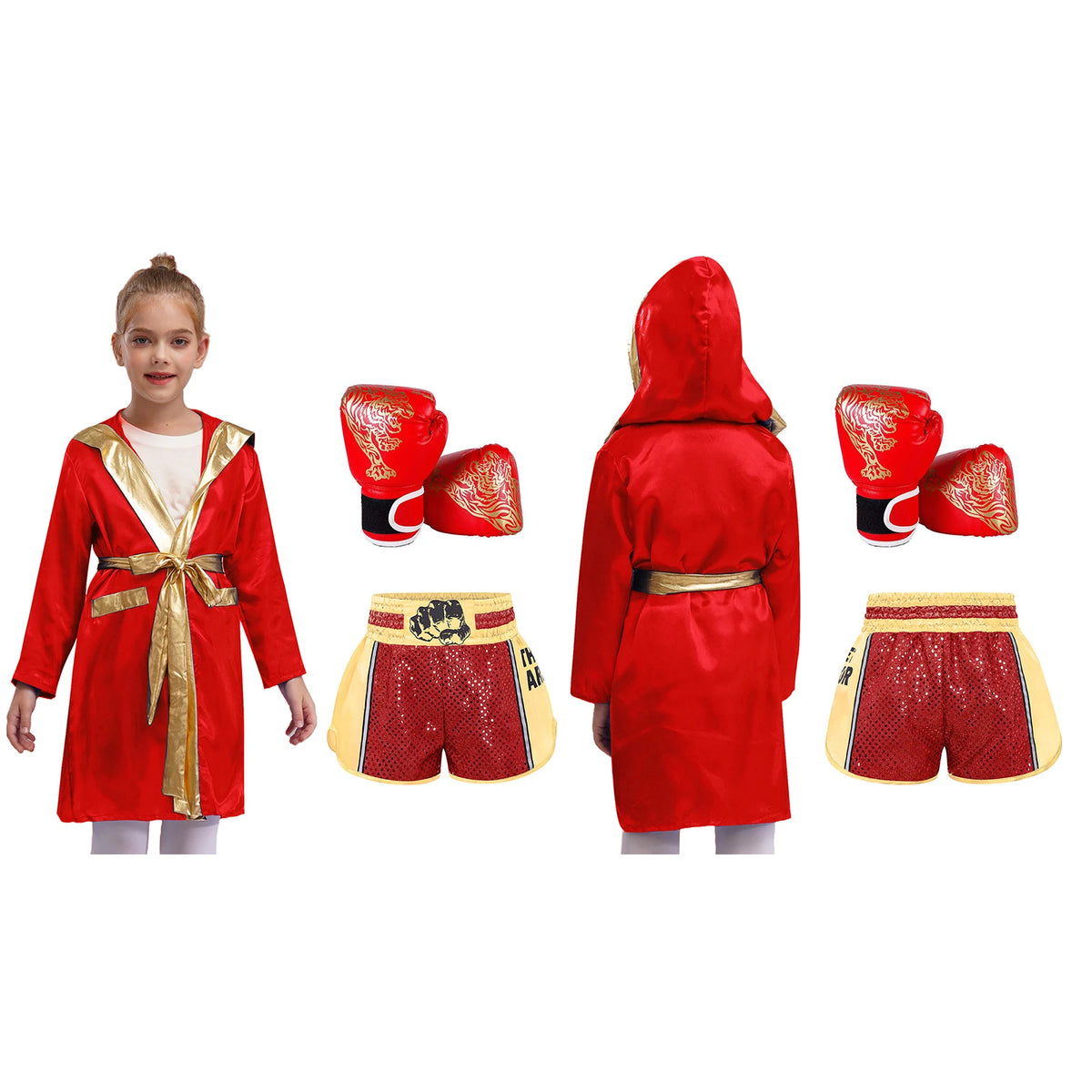Kids Boxing Training Robe Halloween Carnival Party Boxer Cosplay Costume Long Sleeve Satin Belted Hooded Cloak Shorts Gloves