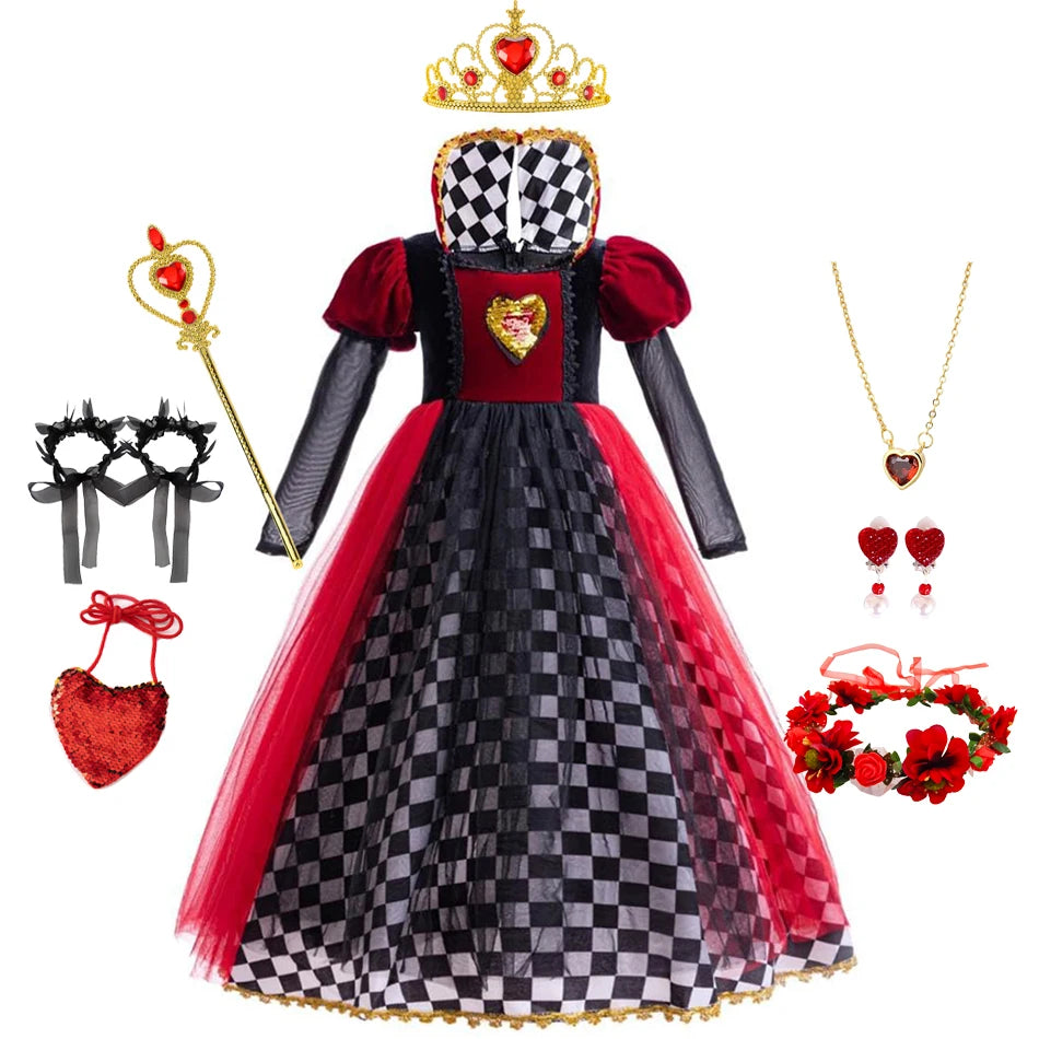 Girls Queen of Hearts Cosplay Dress Black White Checkered Skirt with Red Tulle Kids Halloween Costume Theme Party Outfit