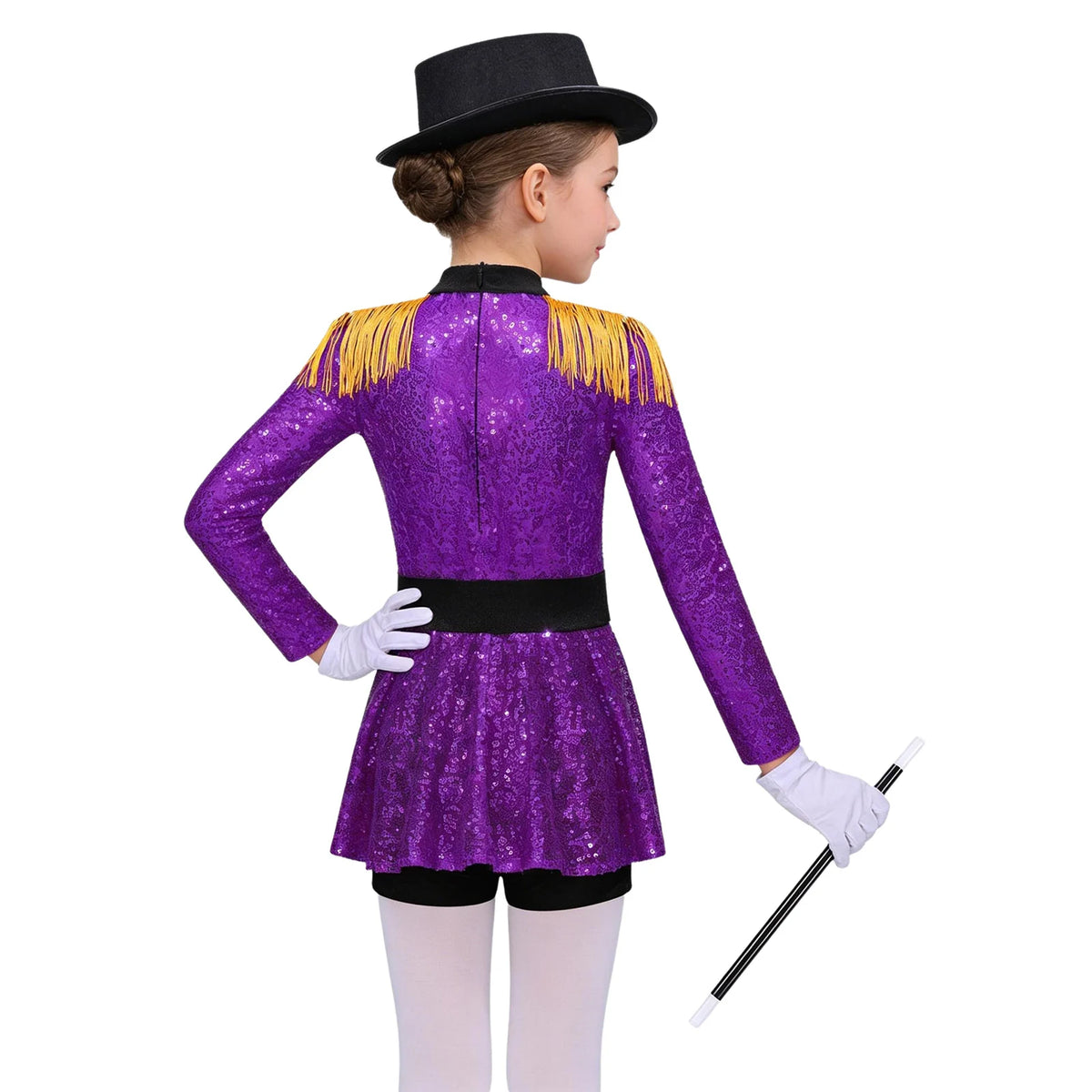Kids Girls Halloween Circus Ringmaster Magician Costume Carnival Party Lion Tamer Cosplay Long Sleeve Sequins Leotard Dress Tutu