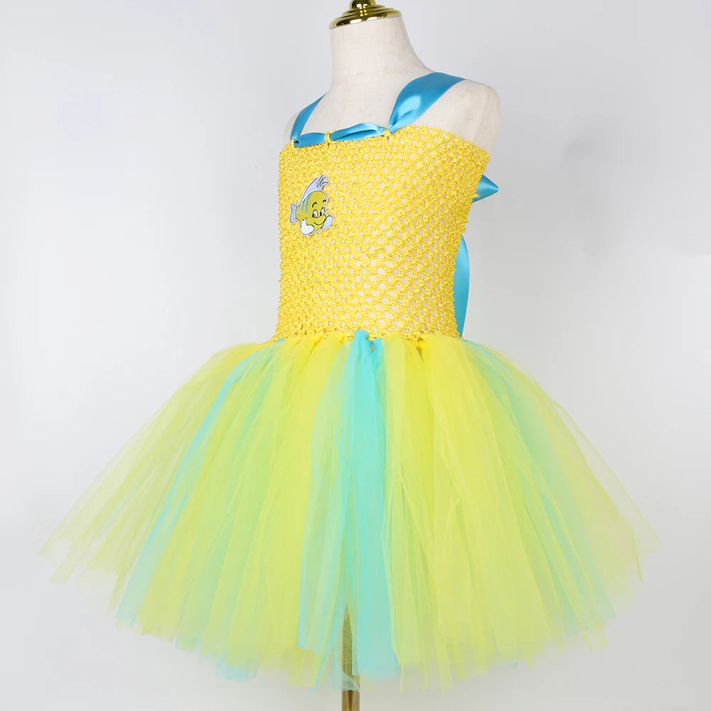 Flounder Costume Toddler Kids Little Mermaid Yellow Tropical Fish Tutu Dress Girls Halloween Carnival Birthday Party Dress Up