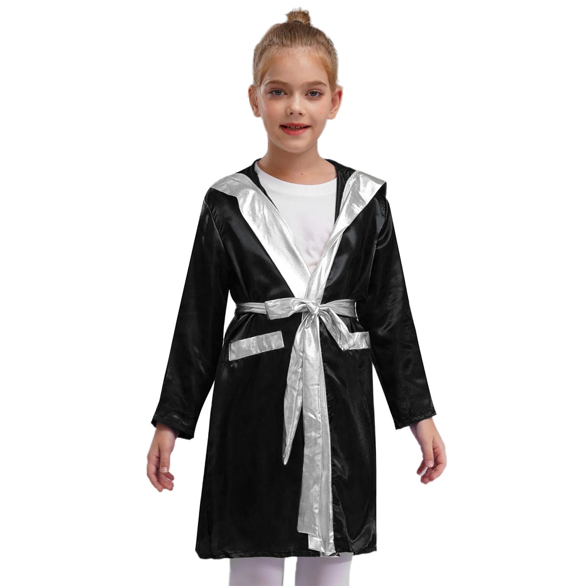 Kids Boxing Training Robe Halloween Carnival Party Boxer Cosplay Costume Long Sleeve Satin Belted Hooded Cloak Shorts Gloves