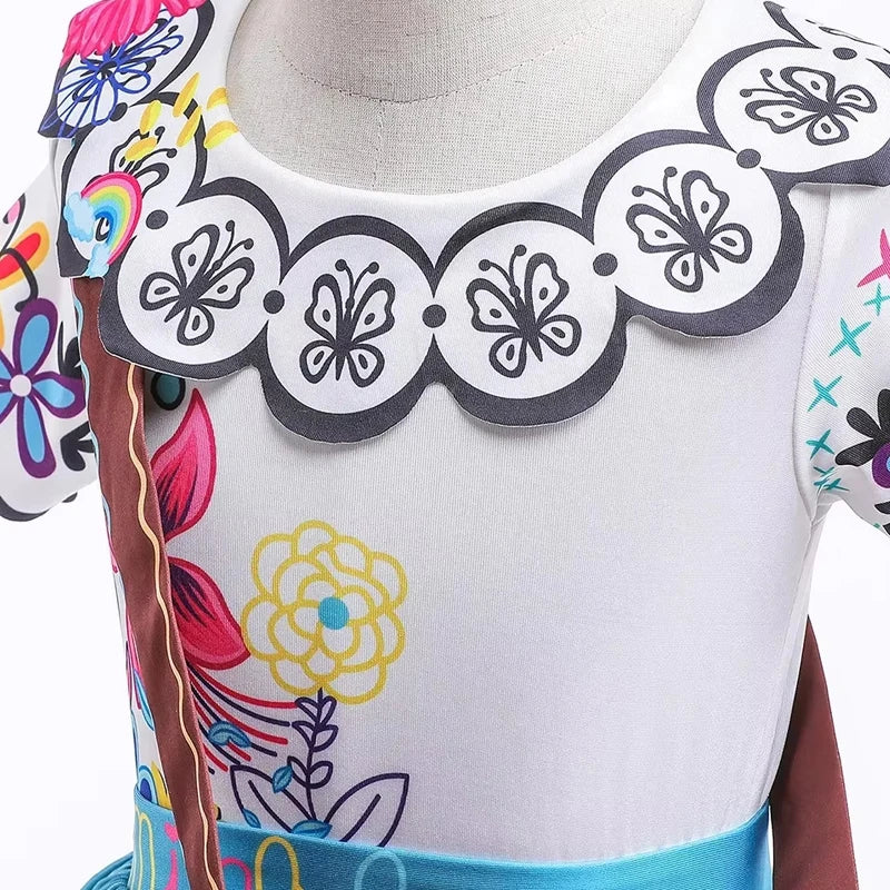 Girls Floral Print Cosplay Dress With Bag Kids Halloween Carnival Party Costume Children Birthday Evening Fancy Dress For Girls