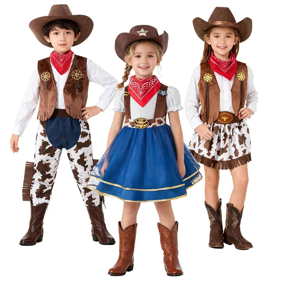 Kids Cowgirl Dress Complete Set  Western Cowboy Cowgirl Costume 4-Piece Set Christmas Play Outfit Halloween Clothes for Child
