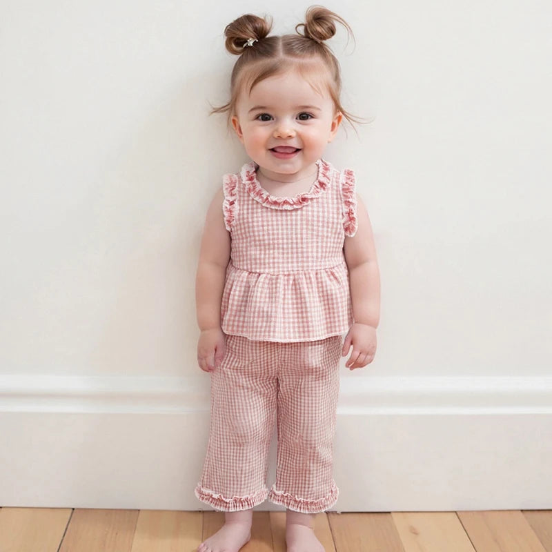 Toddler Infant Baby Girl Summer Fall Outfit Plaid Gingham Ruffle Sleeveless Tank Tops Long Pants Set 2Pcs Clothes