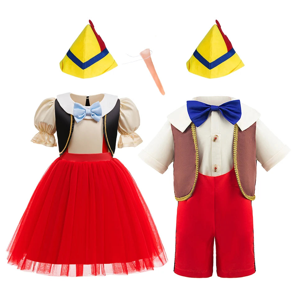 Pinocchio Costume for Boy Girl Classic Fairy Tale Cosplay Set with Hat Long Nose Gloves Fairy Tale Party Outfit for Halloween