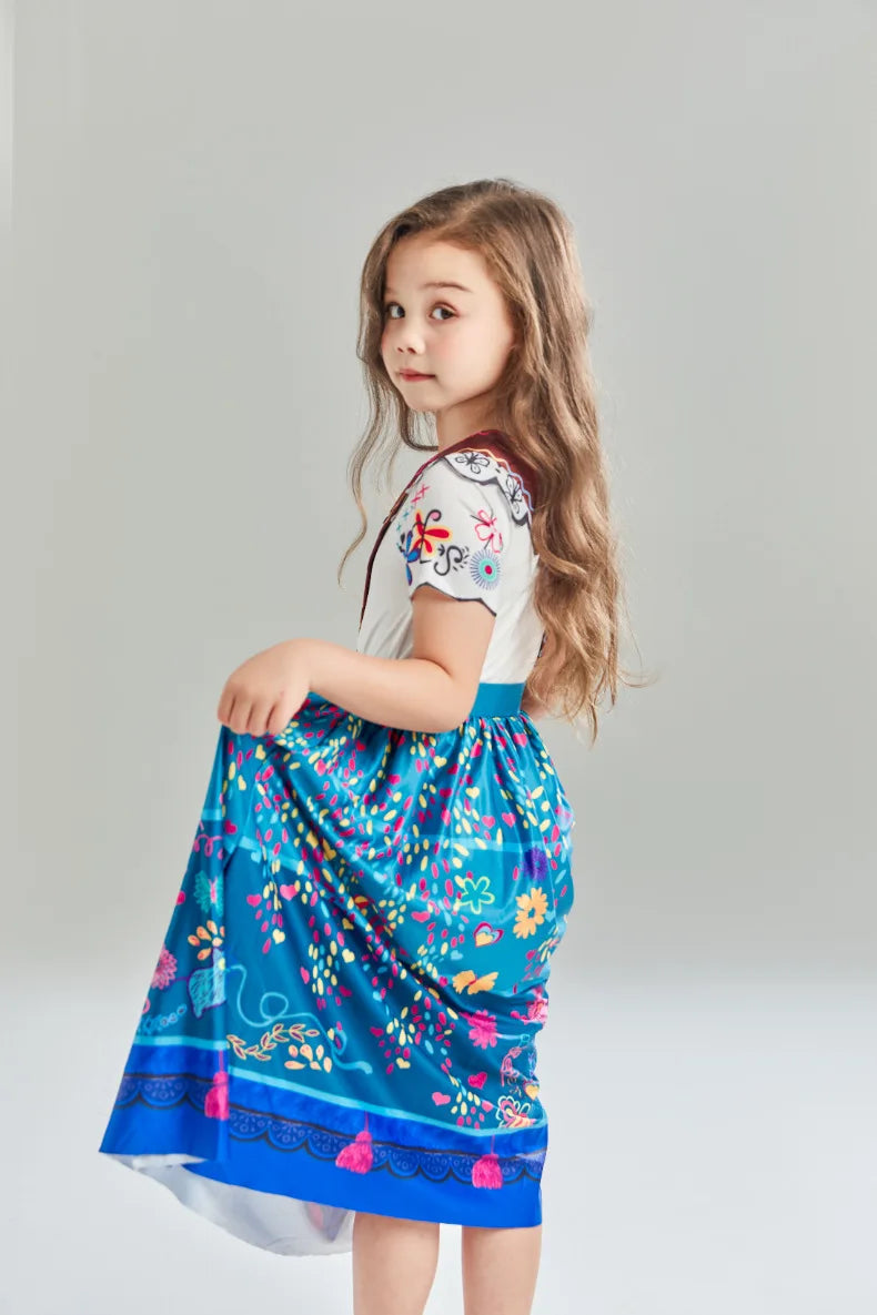 Girls Floral Print Cosplay Dress With Bag Kids Halloween Carnival Party Costume Children Birthday Evening Fancy Dress For Girls