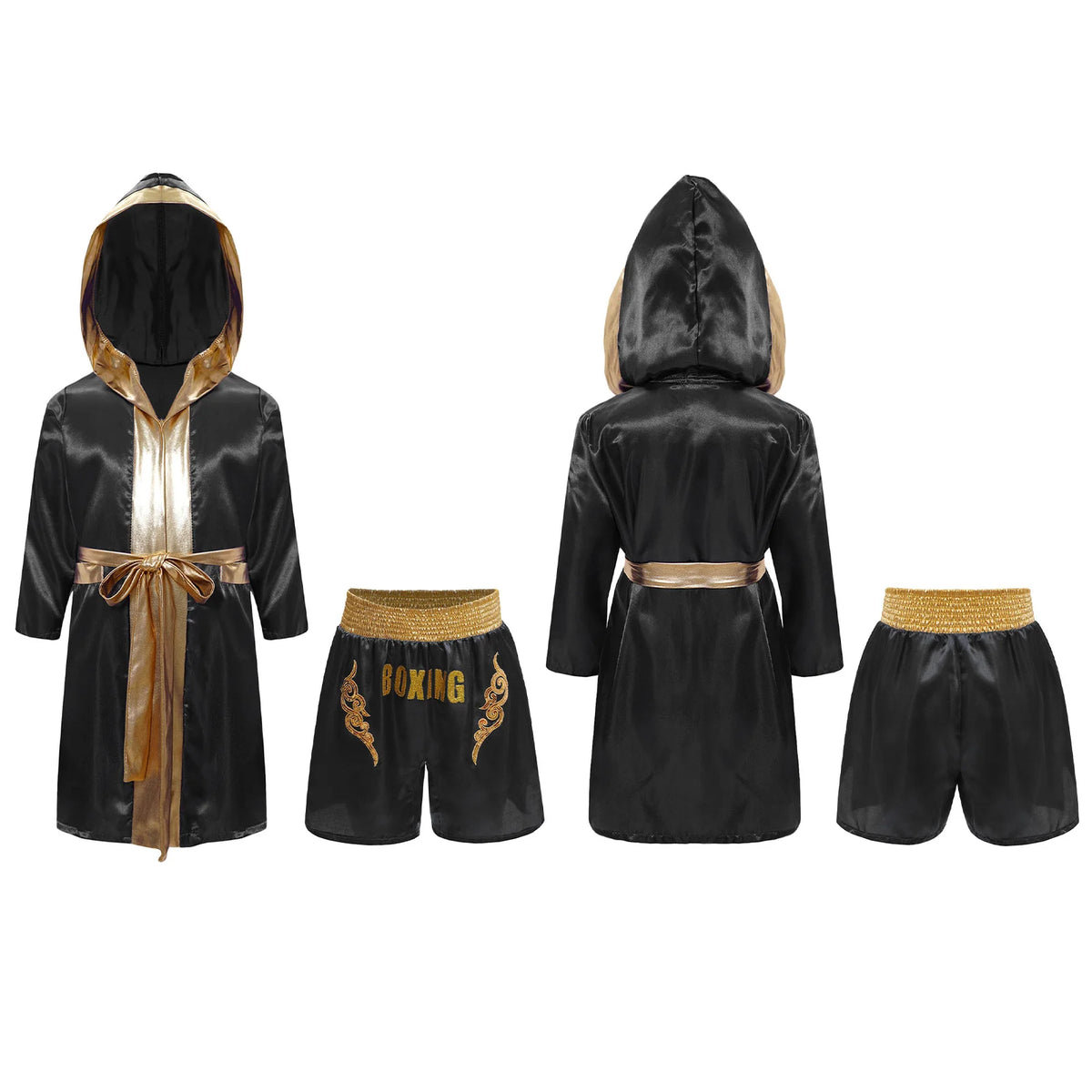 Kids Boxing Training Robe Halloween Carnival Party Boxer Cosplay Costume Long Sleeve Satin Belted Hooded Cloak Shorts Gloves