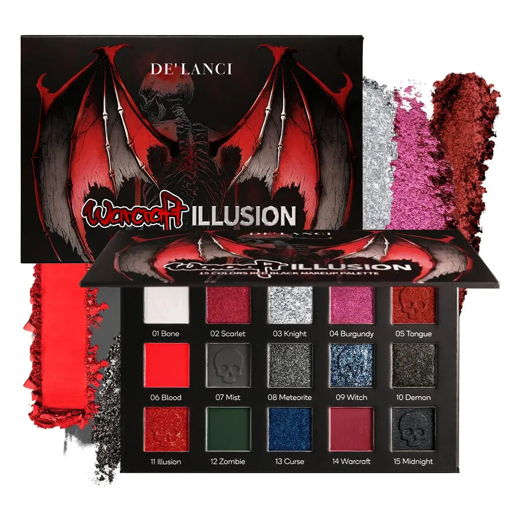 DE'LANCI 15 Colors Eyeshadow Palette Matte Shimmer Glitter Red Black Goth Eye Shadow Pallet for Halloween Lasting Eye Makeup