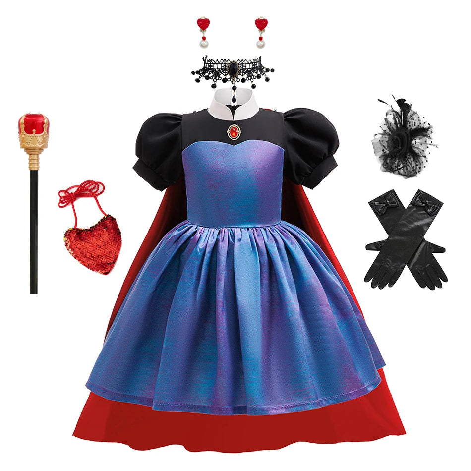 Evil Queen Girls Costume with Detachable Cape Dark Queen Role Play Outfit Kids Villain Cosplay Dress for Halloween