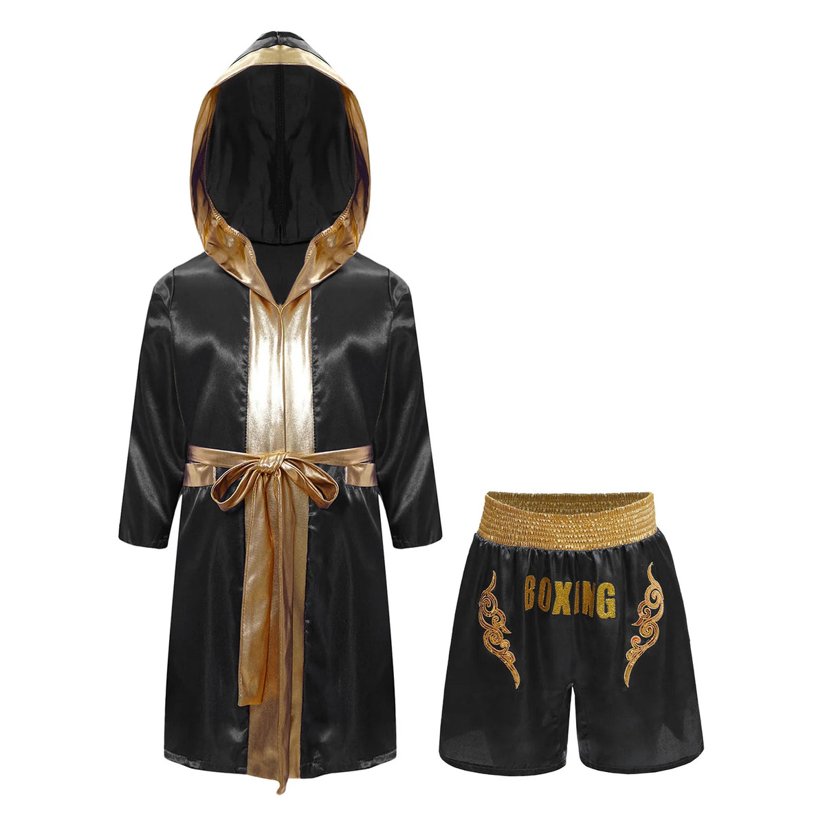 Kids Boxing Training Robe Halloween Carnival Party Boxer Cosplay Costume Long Sleeve Satin Belted Hooded Cloak Shorts Gloves