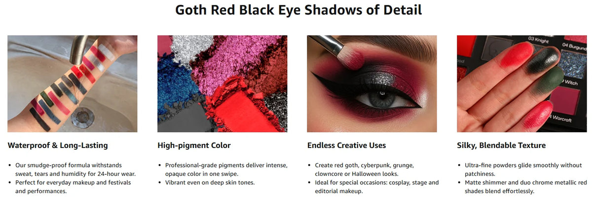 DE'LANCI 15 Colors Eyeshadow Palette Matte Shimmer Glitter Red Black Goth Eye Shadow Pallet for Halloween Lasting Eye Makeup
